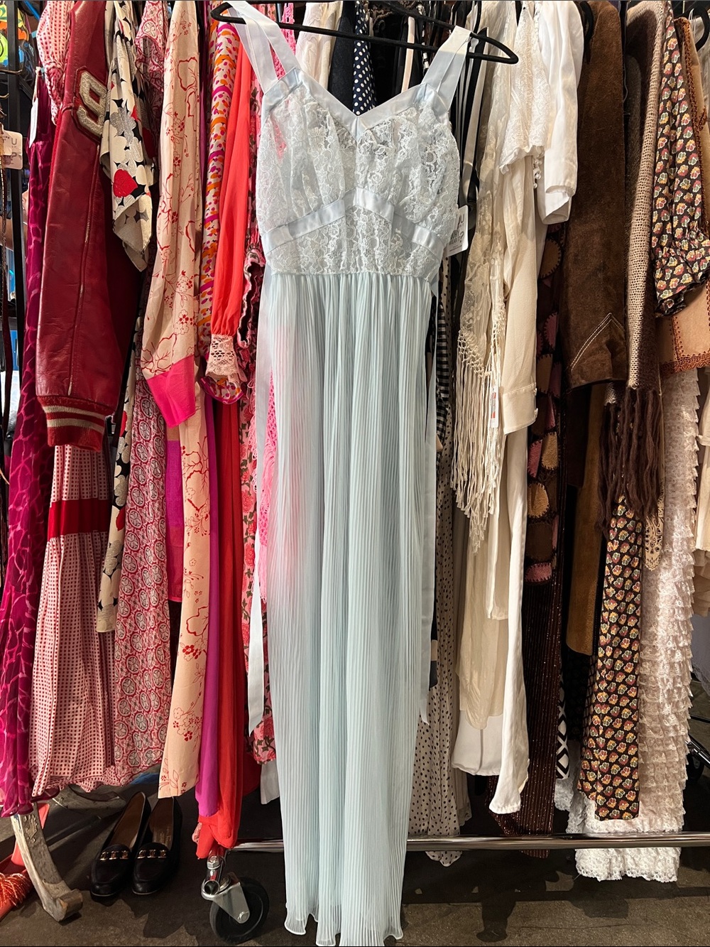 Light Blue Lace Bodice Pleated Chiffon Maxi Dress